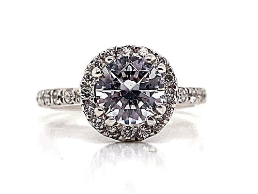 14K WHITE GOLD CZ CENTER (6.5 MM RBC)  .50 CT TW NATURAL ROUND BRILLIANT DIAMOND ACCENT  ROUND HALO STYLE ENGAGEMENT RING