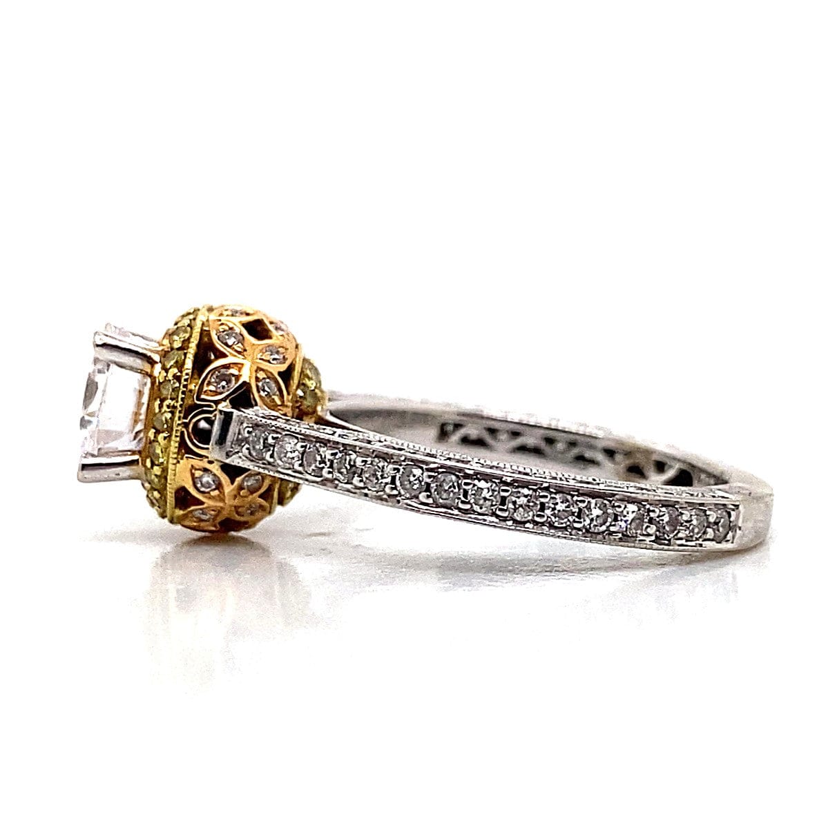 18K WHITE ROSE AND YELLOW GOLD CZ CENTER (6.5 MM RBC) .79CT TW NATURAL ROUND BRILLIANT DIAMOND ACCENT DESIGN RING
