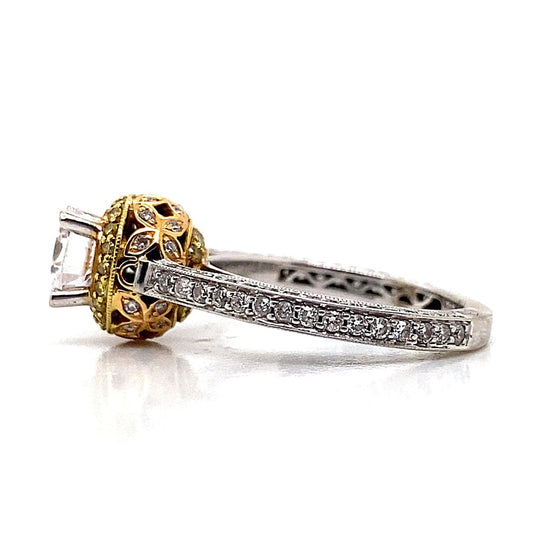 18K WHITE ROSE AND YELLOW GOLD CZ CENTER (6.5 MM RBC) .79CT TW NATURAL ROUND BRILLIANT DIAMOND ACCENT DESIGN RING