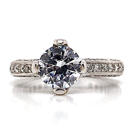 18K WHITE GOLD CZ CENTER (6.5 MM RBC) 1.10 CT TW ACCENT ROUND BRILLIANT DIAMOND ACCENT ENGAGEMENT RING