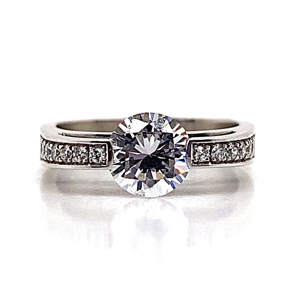 18K WHITE GOLD CZ CENTER (7 MM RBC) .20 CT TW NATURAL ROUND BRILLIANT ACCENT ENGAGEMENT RING