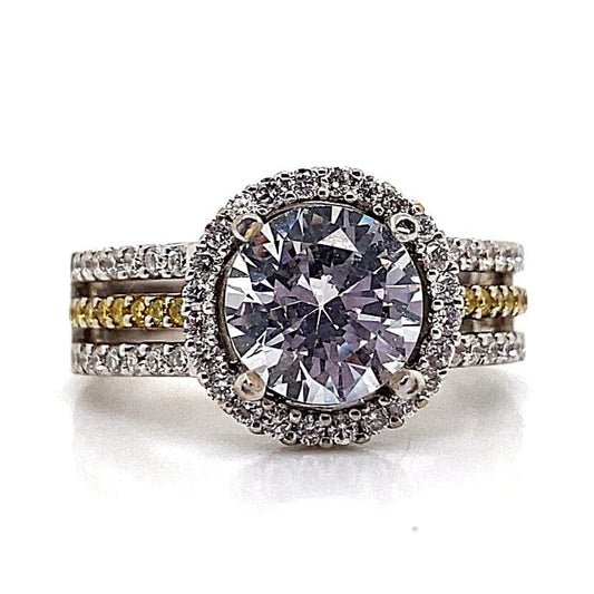 18K WHITE AND YELLOW GOLD CZ CENTER (8 MM RBC) 1.30CT TW NATURAL WHITE AND YELLOW ROUND BRILLIANT DIAMOND ACCENT THREE BAND HALO STYLE RING