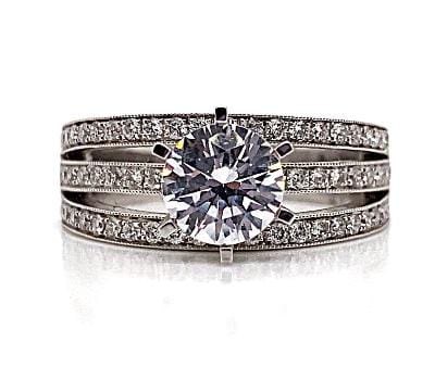 14K WHITE GOLD CZ CENTER (6.5MM RBC) .53 CT TW NATURAL ROUND BRILLIANT DIAMOND ACCENT 3 PAVE MILLGRAIN BAND STYLE RING