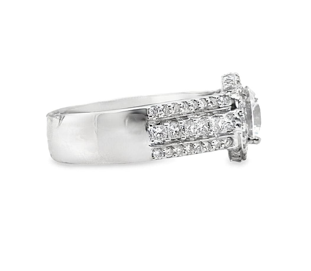 14K WHITE GOLD CZ CENTER 1.35 CT TW NATURAL PRINCESS & ROUND BRILLIANT CUT HALO STYLE DIAMOND RING