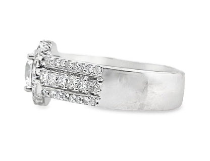 14K WHITE GOLD CZ CENTER 1.35 CT TW NATURAL PRINCESS & ROUND BRILLIANT CUT HALO STYLE DIAMOND RING