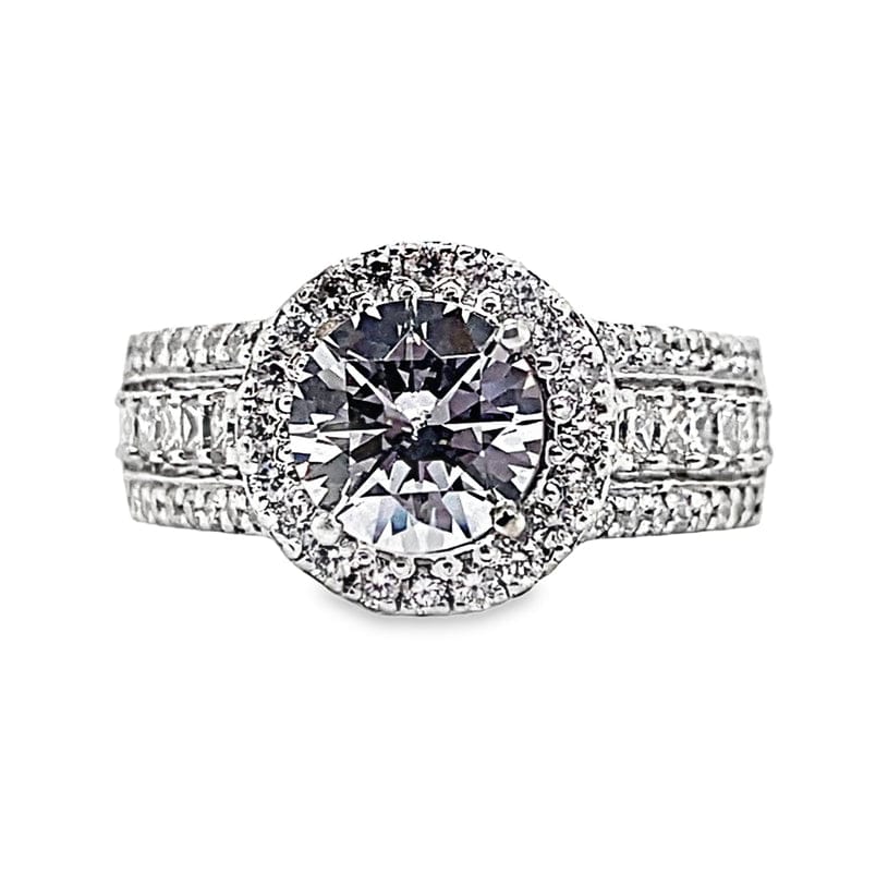 14K WHITE GOLD CZ CENTER 1.35 CT TW NATURAL PRINCESS & ROUND BRILLIANT CUT HALO STYLE DIAMOND RING