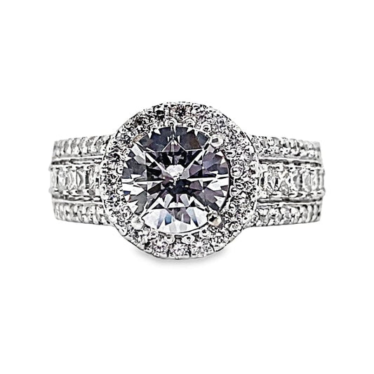 14K WHITE GOLD CZ CENTER 1.35 CT TW NATURAL PRINCESS & ROUND BRILLIANT CUT HALO STYLE DIAMOND RING