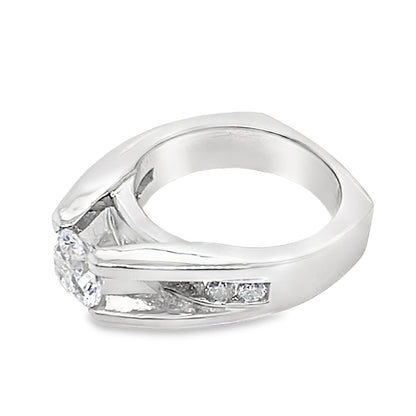14K WHITE GOLD CZ CENTER (7.5 MM RBC) .45 CT TW NATURAL ROUND BRILLIANT DIAMOND ACCENT FIRE AND ICE STYLE RING