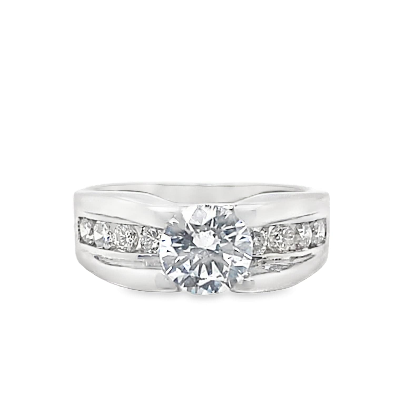 14K WHITE GOLD CZ CENTER (7.5 MM RBC) .45 CT TW NATURAL ROUND BRILLIANT DIAMOND ACCENT FIRE AND ICE STYLE RING