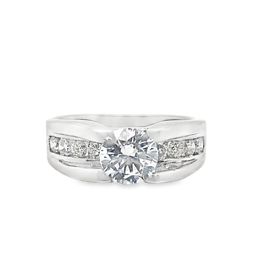 14K WHITE GOLD CZ CENTER (7.5 MM RBC) .45 CT TW NATURAL ROUND BRILLIANT DIAMOND ACCENT FIRE AND ICE STYLE RING