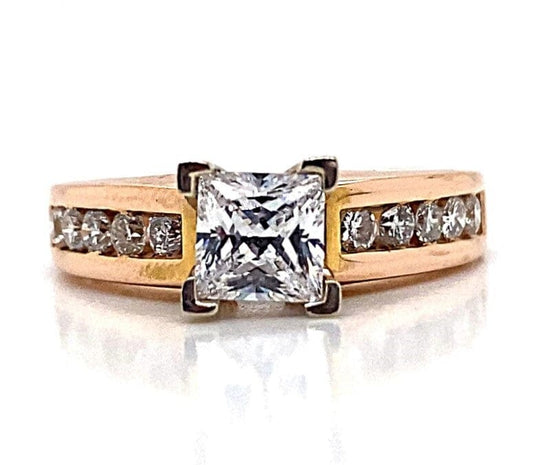 14K ROSE GOLD CZ CENTER (5.5MM PRINCESS) .35 CT TW NATURAL ROUND BRILLIANT DIAMOND ACCENT CHANNEL SET STYLE RING