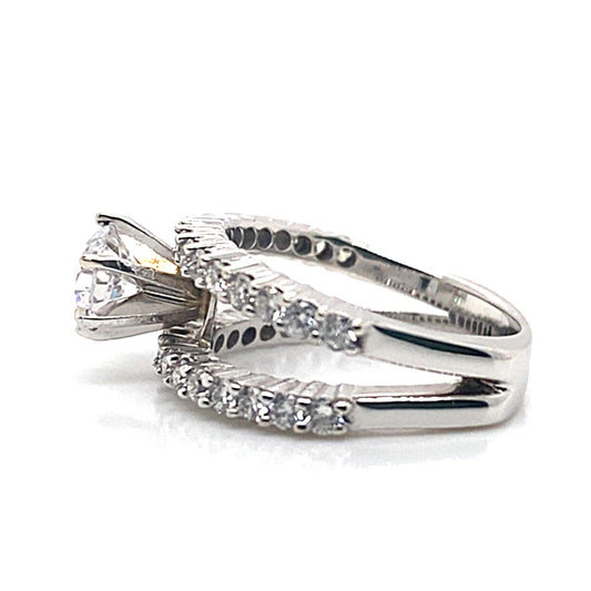 14K WHITE GOLD CZ CENTER (6.5 MM RBC) 1 CTW NATURAL ROUND BRILLIANT DIAMOND ACCENT TWO BAND SPLIT SHANK STYLE RING