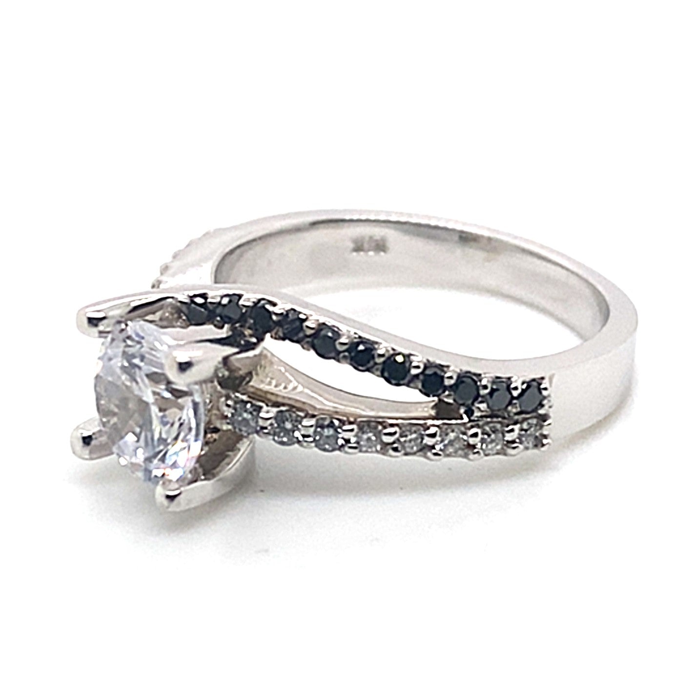 14K white gold ring featuring a 6.5mm RBC clear CZ center stone, accented with .19 ct tw natural white diamonds and two rows of .18 ct tw natural black diamonds on the band.