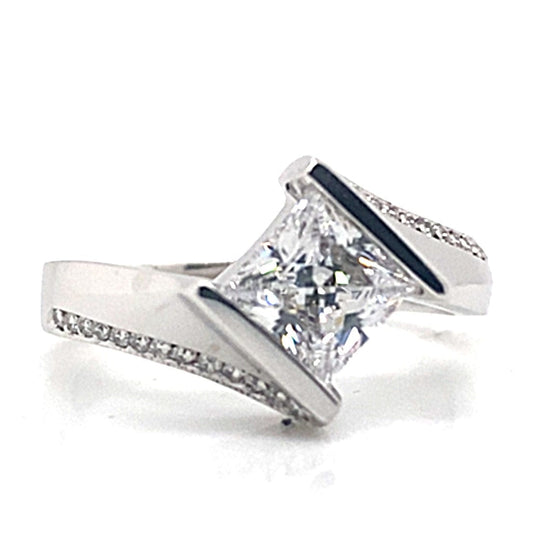 14K WHITE GOLD CZ CENTER (5.5MM PRINCESS) .10 CT TW NATURAL ROUND BRILLIANT DIAMOND ACCENT BYPASS CHANNEL STYLE RING