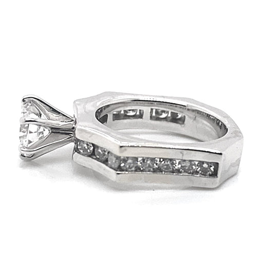 14K WHITE GOLD CZ CENTER (6.5 MM RBC) 1/2 CT NATURAL ROUND BRILLIANT DIAMOND ACCENT DIAMOND CONCAVED OCTAGON STYLE RING