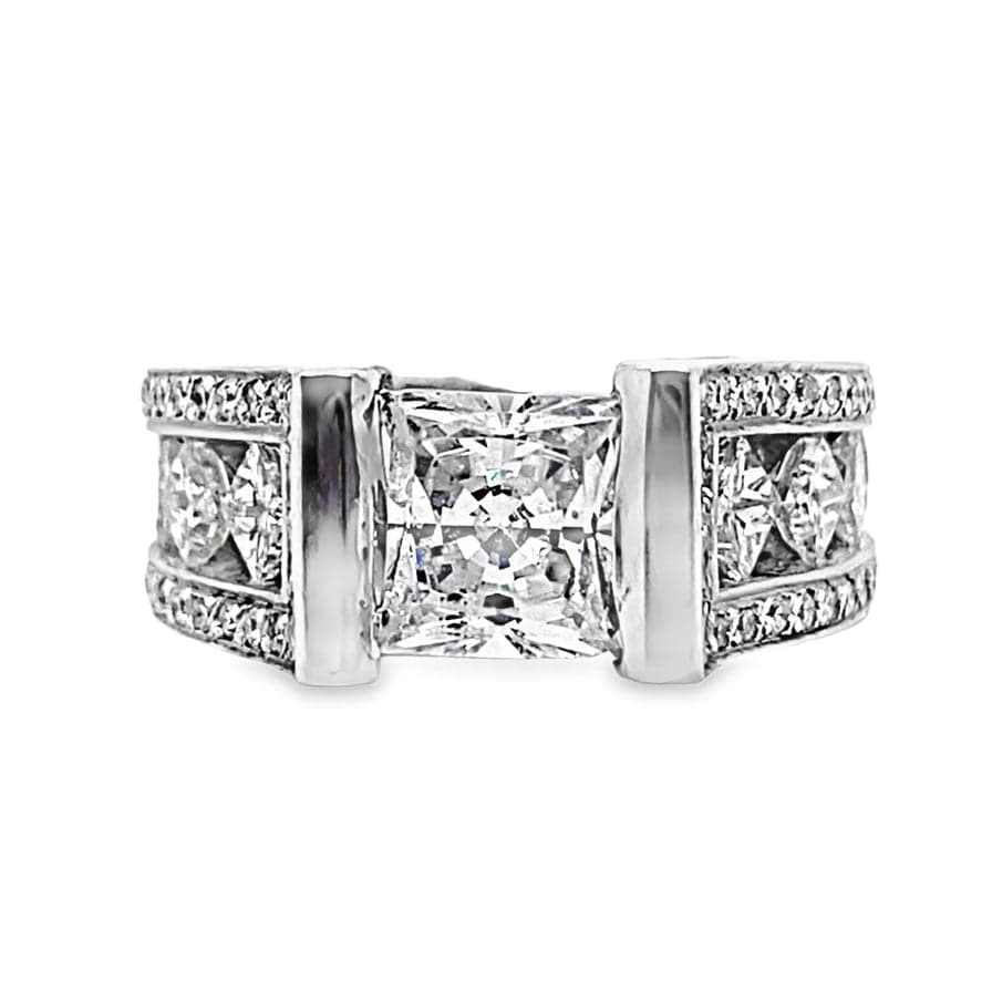 14K WHITE GOLD CZ CENTER (7 MM PRINCESS) 2.25CT TW NATURAL PRINCESS AND ROUND BRILLIANT DIAMOND ACCENT FLOATING PRINCESS STYLE RING