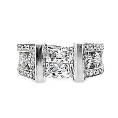 14K WHITE GOLD CZ CENTER (7 MM PRINCESS) 2.25CT TW NATURAL PRINCESS AND ROUND BRILLIANT DIAMOND ACCENT FLOATING PRINCESS STYLE RING