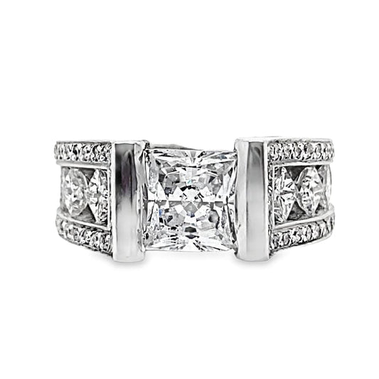 14K WHITE GOLD CZ CENTER (7 MM PRINCESS) 2.25CT TW NATURAL PRINCESS AND ROUND BRILLIANT DIAMOND ACCENT FLOATING PRINCESS STYLE RING