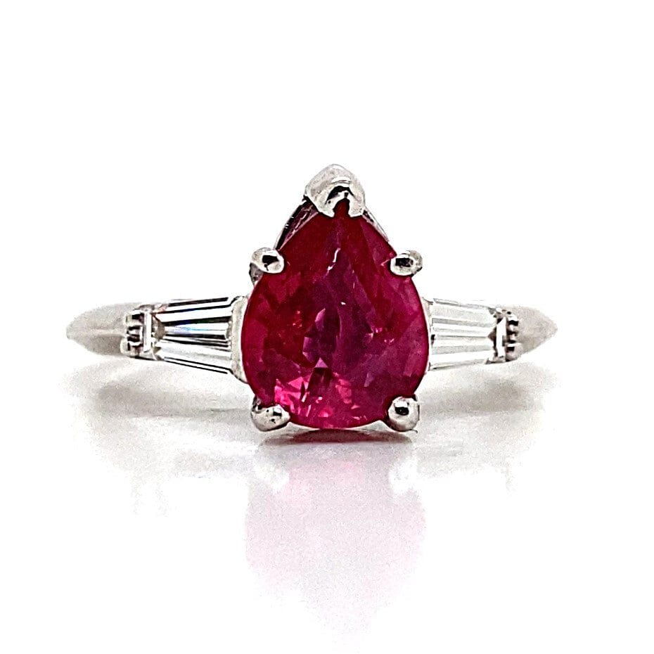 14K WHITE GOLD 1.20 CT PEAR SHAPE NATURAL RUBY CENTER .30 CT TW NATURAL BAGUETTE DIAMOND ACCENT RING