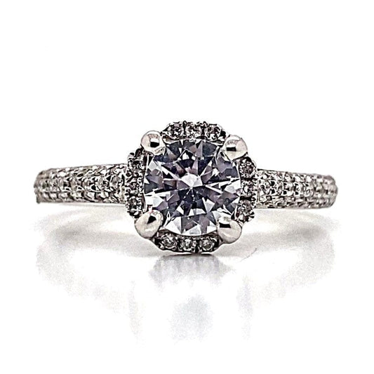 18K WHITE GOLD CZ CENTER (6.5 MM RBC) .28 CT TW NATURAL ROUND BRILLIANT DIAMOND ACCENT HALO MICRO PAVE STYLE RING