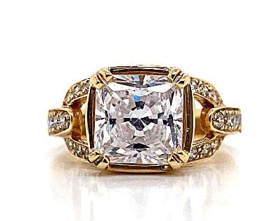14K YELLOW GOLD  CZ CENTER (9 MM CUSHION)  .37 CT NATURAL ROUND BRILLIANT DIAMOND ACCENT DESIGN RING