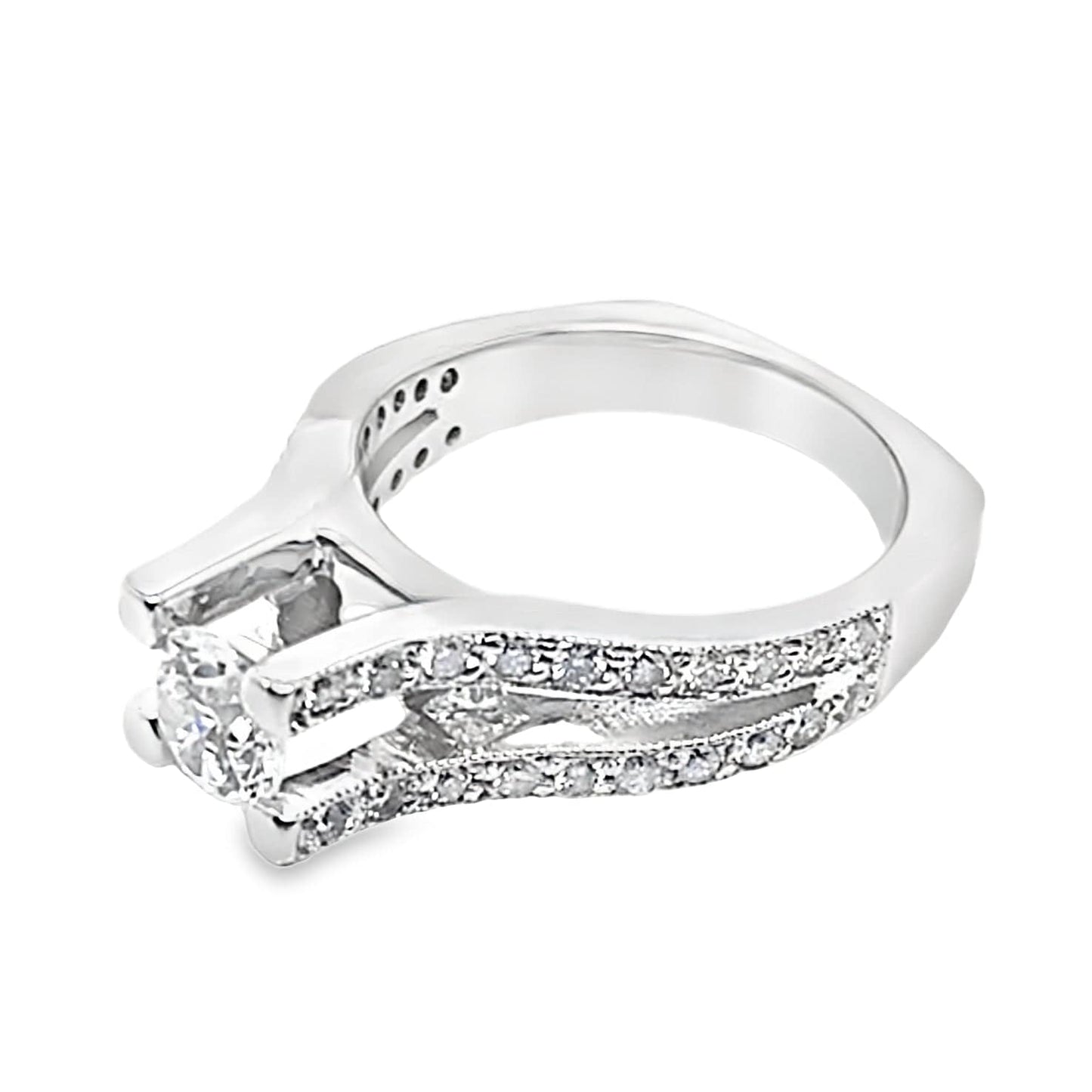 14K WHITE GOLD CZ CENTER (6.5 MM RBC) 1.10 CT NATURAL ROUND BRILLIANT AND PRINCESS DIAMOND ACCENT RING WITH A SQUARE SHANK