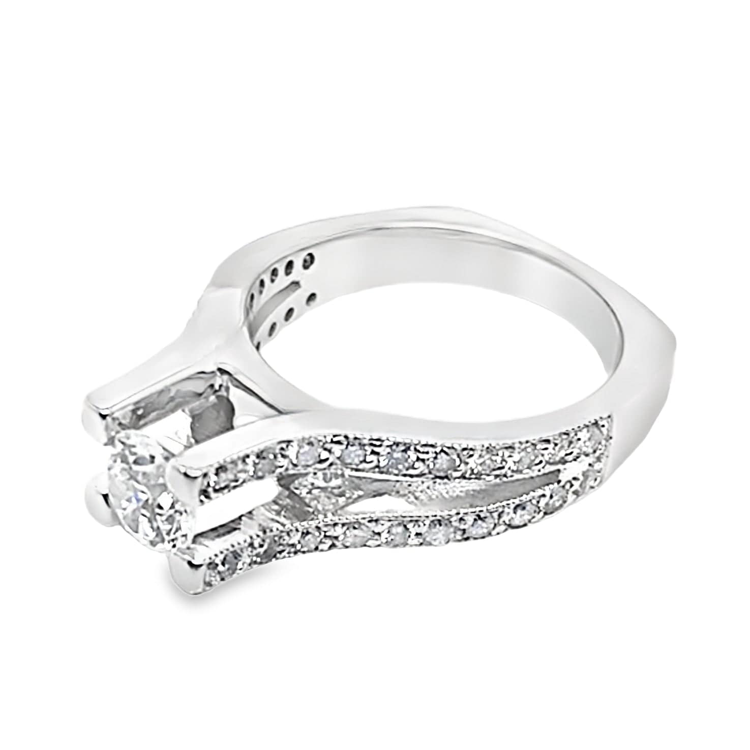 14K WHITE GOLD CZ CENTER (6.5 MM RBC) 1.10 CT NATURAL ROUND BRILLIANT AND PRINCESS DIAMOND ACCENT RING WITH A SQUARE SHANK
