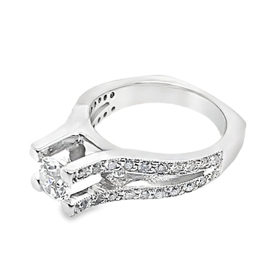 14K WHITE GOLD CZ CENTER (6.5 MM RBC) 1.10 CT NATURAL ROUND BRILLIANT AND PRINCESS DIAMOND ACCENT RING WITH A SQUARE SHANK