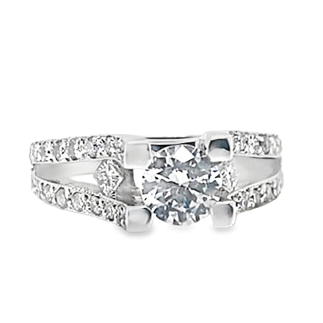 14K WHITE GOLD CZ CENTER (6.5 MM RBC) 1.10 CT NATURAL ROUND BRILLIANT AND PRINCESS DIAMOND ACCENT RING WITH A SQUARE SHANK
