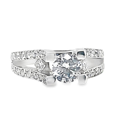 14K WHITE GOLD CZ CENTER (6.5 MM RBC) 1.10 CT NATURAL ROUND BRILLIANT AND PRINCESS DIAMOND ACCENT RING WITH A SQUARE SHANK