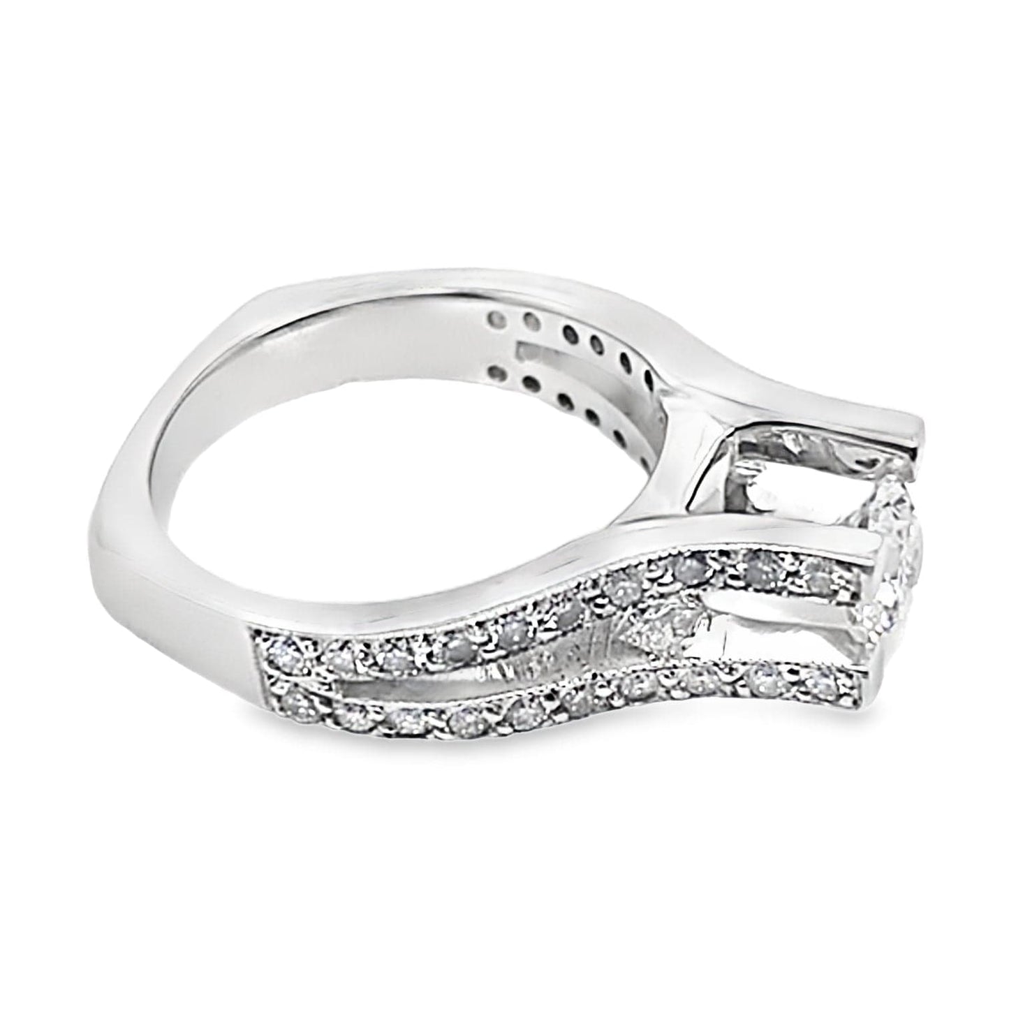 14K WHITE GOLD CZ CENTER (6.5 MM RBC) 1.10 CT NATURAL ROUND BRILLIANT AND PRINCESS DIAMOND ACCENT RING WITH A SQUARE SHANK