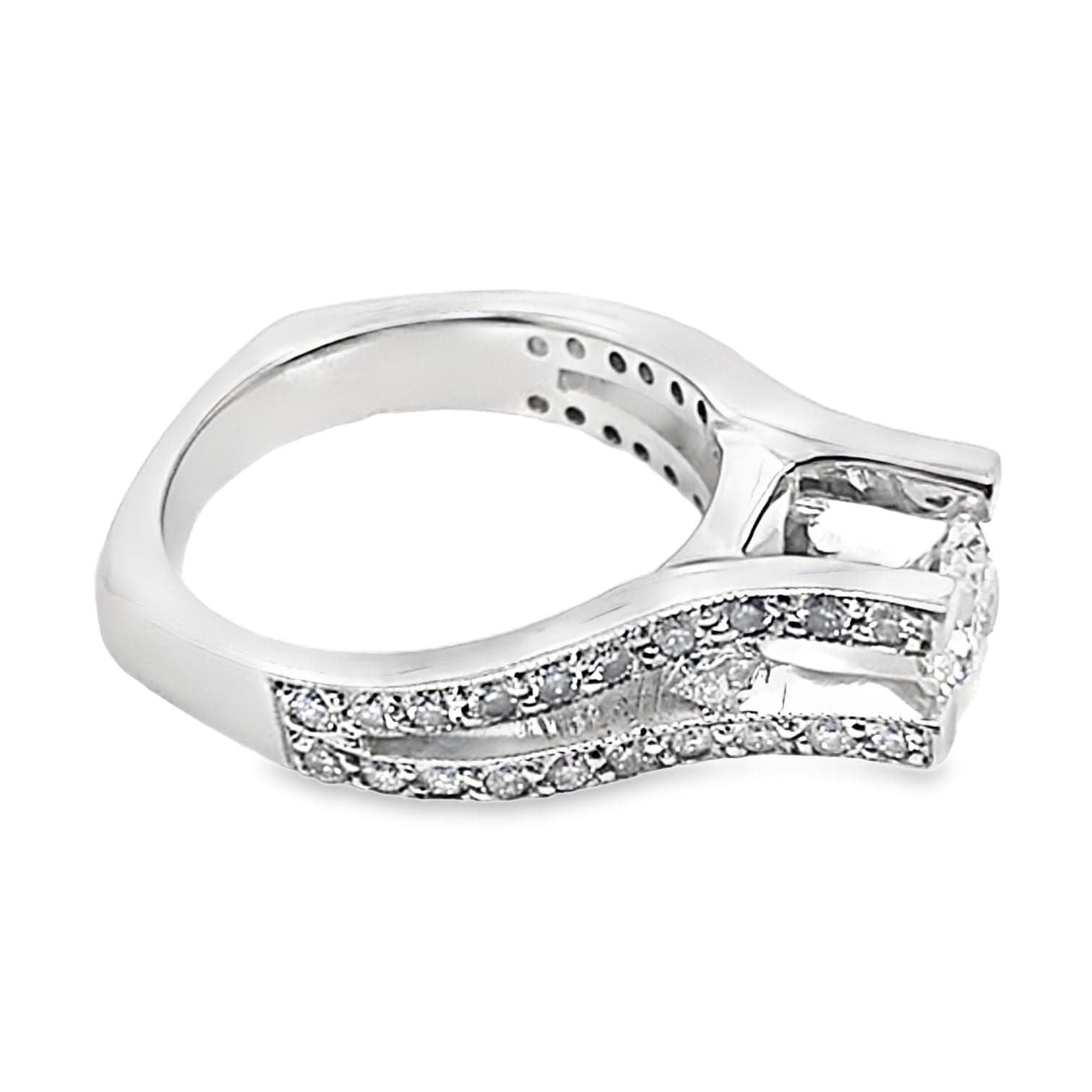 14K WHITE GOLD CZ CENTER (6.5 MM RBC) 1.10 CT NATURAL ROUND BRILLIANT AND PRINCESS DIAMOND ACCENT RING WITH A SQUARE SHANK