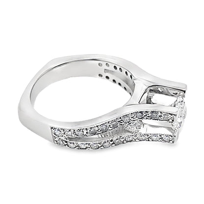 14K WHITE GOLD CZ CENTER (6.5 MM RBC) 1.10 CT NATURAL ROUND BRILLIANT AND PRINCESS DIAMOND ACCENT RING WITH A SQUARE SHANK