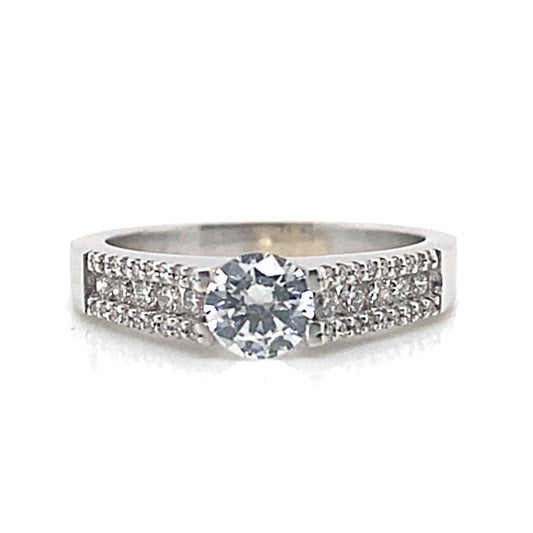 14K WHITE GOLD CZ CENTER (5.5MM RBC) .35 CT NATURAL ROUND BRILLIANT DIAMOND ACCENT RING