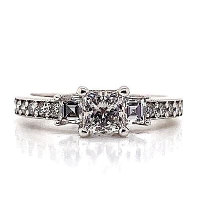14K WHITE GOLD .54 CT NATURAL PRINCESS CUT DIAMOND CENTER I/SI2 .45 CT TW NATURAL BAGUETTE AND ROUND BRILLIANT DIAMOND ACCENT RING