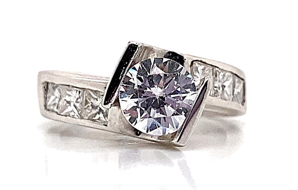 14K WHITE GOLD CZ CENTER (7MM RBC) .90 CT TW NATURAL PRINCESS DIAMOND ACCENT CHANNEL SET BYPASS STYLE RING