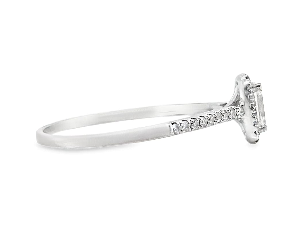 18K WHITE GOLD .43 CT NATURAL EMERALD CUT DIAMOND CENTER G/VS2  .20 CT TW NATURAL ROUND BRILLIANT DIAMOND ACCENT HALO STYLE RING