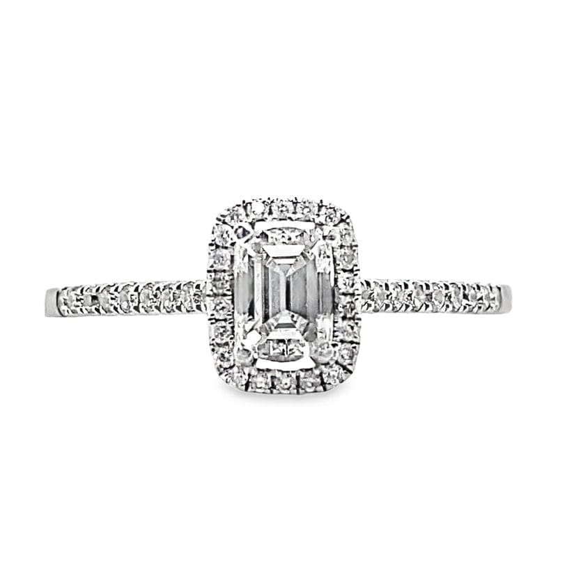 18K WHITE GOLD .43 CT NATURAL EMERALD CUT DIAMOND CENTER G/VS2  .20 CT TW NATURAL ROUND BRILLIANT DIAMOND ACCENT HALO STYLE RING