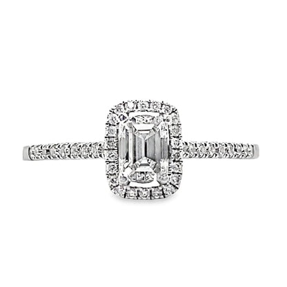 18K WHITE GOLD .43 CT NATURAL EMERALD CUT DIAMOND CENTER G/VS2  .20 CT TW NATURAL ROUND BRILLIANT DIAMOND ACCENT HALO STYLE RING