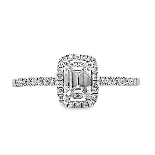 18K WHITE GOLD .43 CT NATURAL EMERALD CUT DIAMOND CENTER G/VS2  .20 CT TW NATURAL ROUND BRILLIANT DIAMOND ACCENT HALO STYLE RING