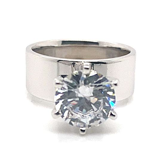 14K WHITE GOLD CZ CENTER (8.5MM RBC) 8 MM WIDE FLAT SOLITAIRE