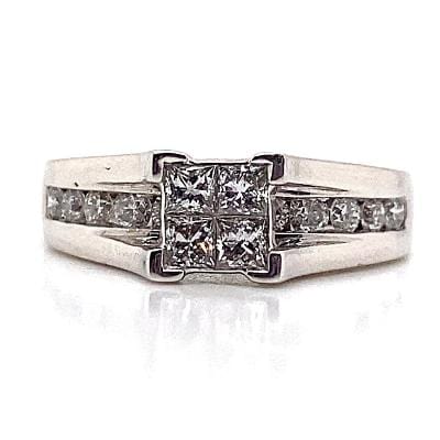 14K WHITE GOLD  3/4 CT TW INVISIBLE SET (4 PRINCESS) NATURAL DIAMOND CENTER AND CHANNEL SET NATURAL ROUND BRILLIANT DIAMOND ACCENT  RING