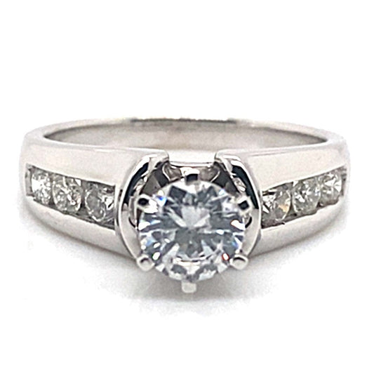 14K WHITE GOLD CZ CENTER (6MM RBC) .60 CT TW NATURAL ROUND BRILLIANT DIAMOND ACCENT CHANNEL SET STYLE RING