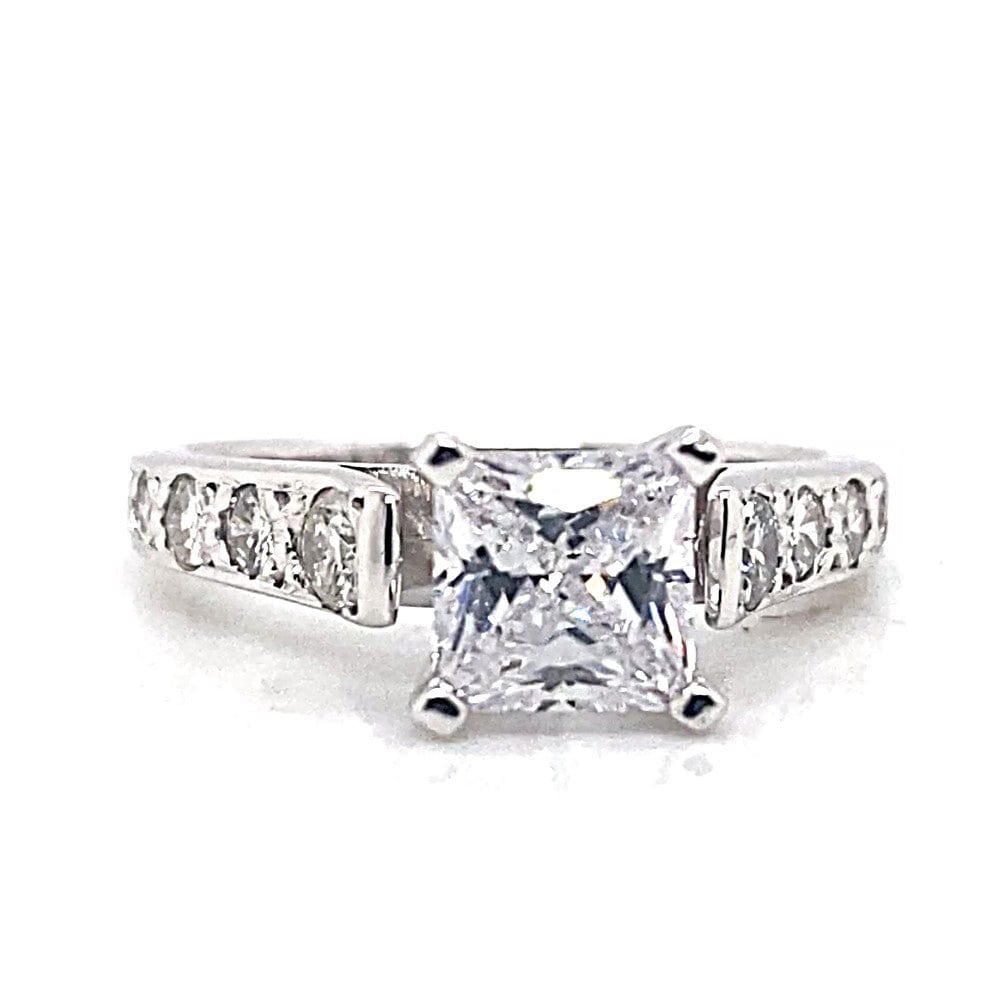 14K WHITE GOLD CZ CENTER (5.5 MM PRINCESS) .75 CT TW NATURAL ROUND BRILLIANT DIAMOND ACCENT PAVE SET CATHEDRAL RING