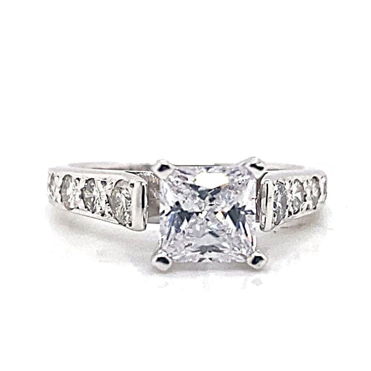 14K WHITE GOLD CZ CENTER (5.5 MM PRINCESS) .75 CT TW NATURAL ROUND BRILLIANT DIAMOND ACCENT PAVE SET CATHEDRAL RING