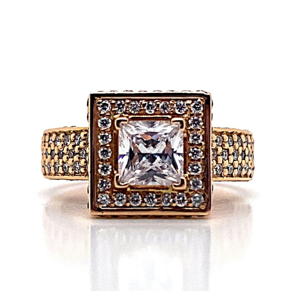 14K ROSE GOLD CZ CENTER (5.5 MM PRINCESS)  1.0 CT TW NATURAL ROUND BRILLIANT DIAMOND ACCENT SQUARE HALO PAVE STYLE RING
