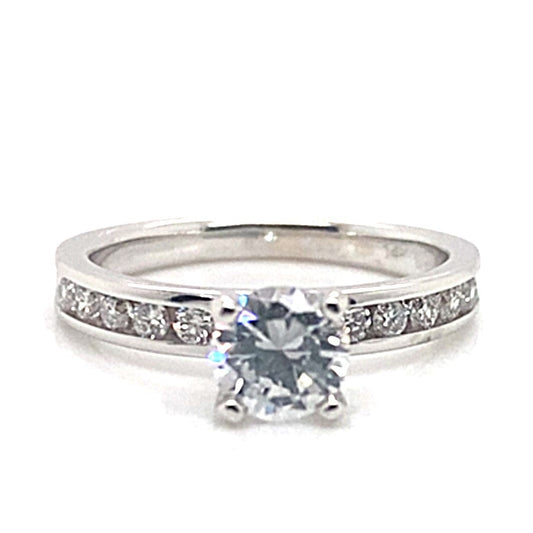 14K WHITE GOLD CZ CENTER (5.5MM RBC) 1/4 CT TW NATURAL ROUND BRILLIANT ACCENT CHANNEL SET RING