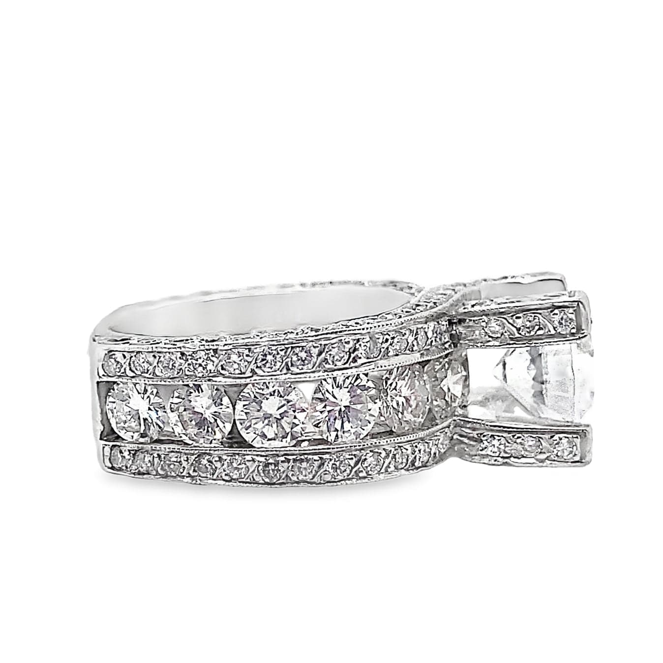 14K WHITE GOLD CZ CENTER (8 MM RBC) 3.40 CT TW NATURAL ROUND BRILLIANT DIAMOND ACCENT LUCIDA FIRE AND ICE STYLE RING