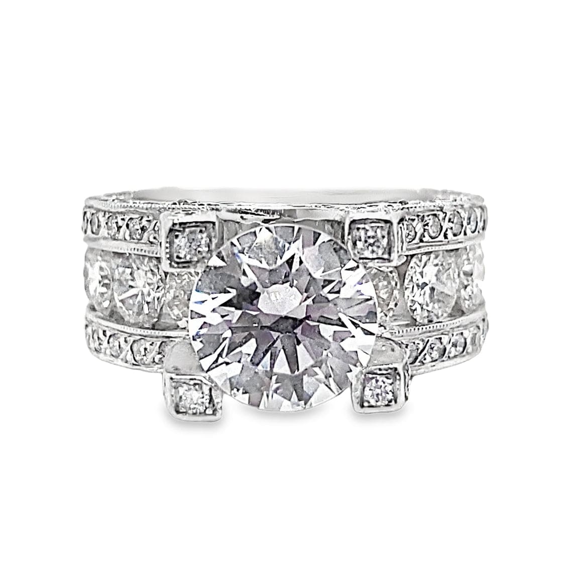 14K WHITE GOLD CZ CENTER (8 MM RBC) 3.40 CT TW NATURAL ROUND BRILLIANT DIAMOND ACCENT LUCIDA FIRE AND ICE STYLE RING