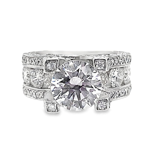 14K WHITE GOLD CZ CENTER (8 MM RBC) 3.40 CT TW NATURAL ROUND BRILLIANT DIAMOND ACCENT LUCIDA FIRE AND ICE STYLE RING